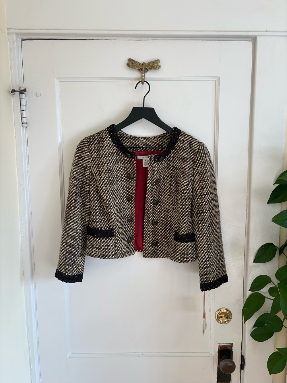 NWT Vintage Cropped Tweed Blazer Jacket in Brown & Cream Size 8
